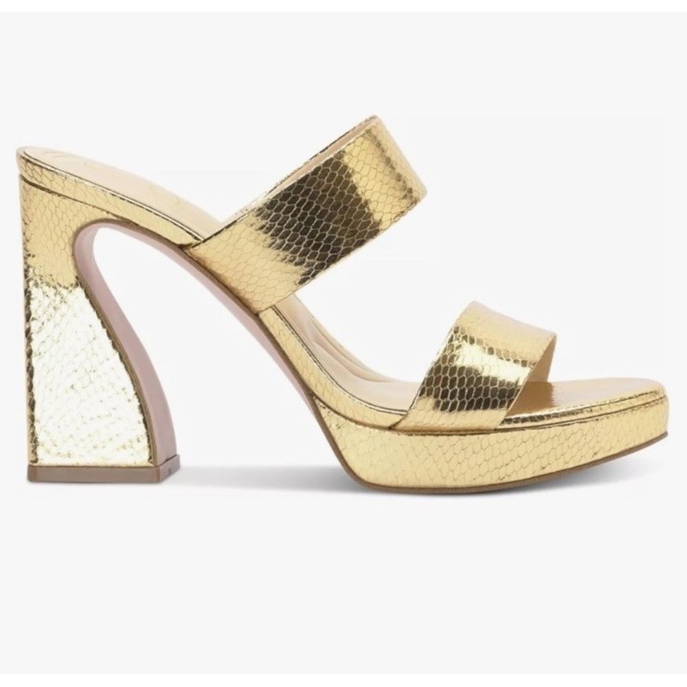 Jessica Simpson Women's 5M Sandal Block Heels Gold‎ Metallic Snake Print Slip On